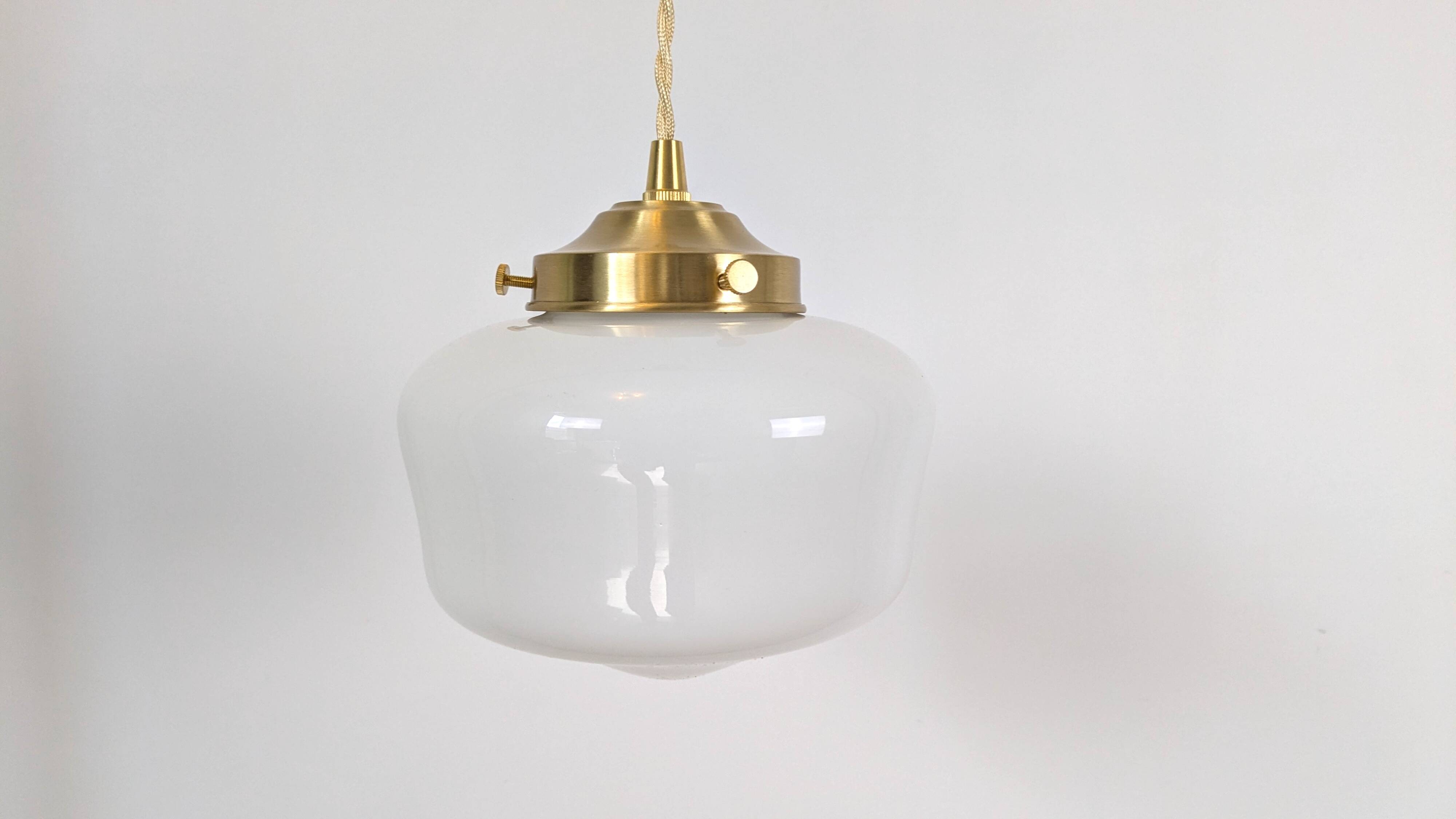 Antique opaline and brass pendant light – vintage globe 15 cm