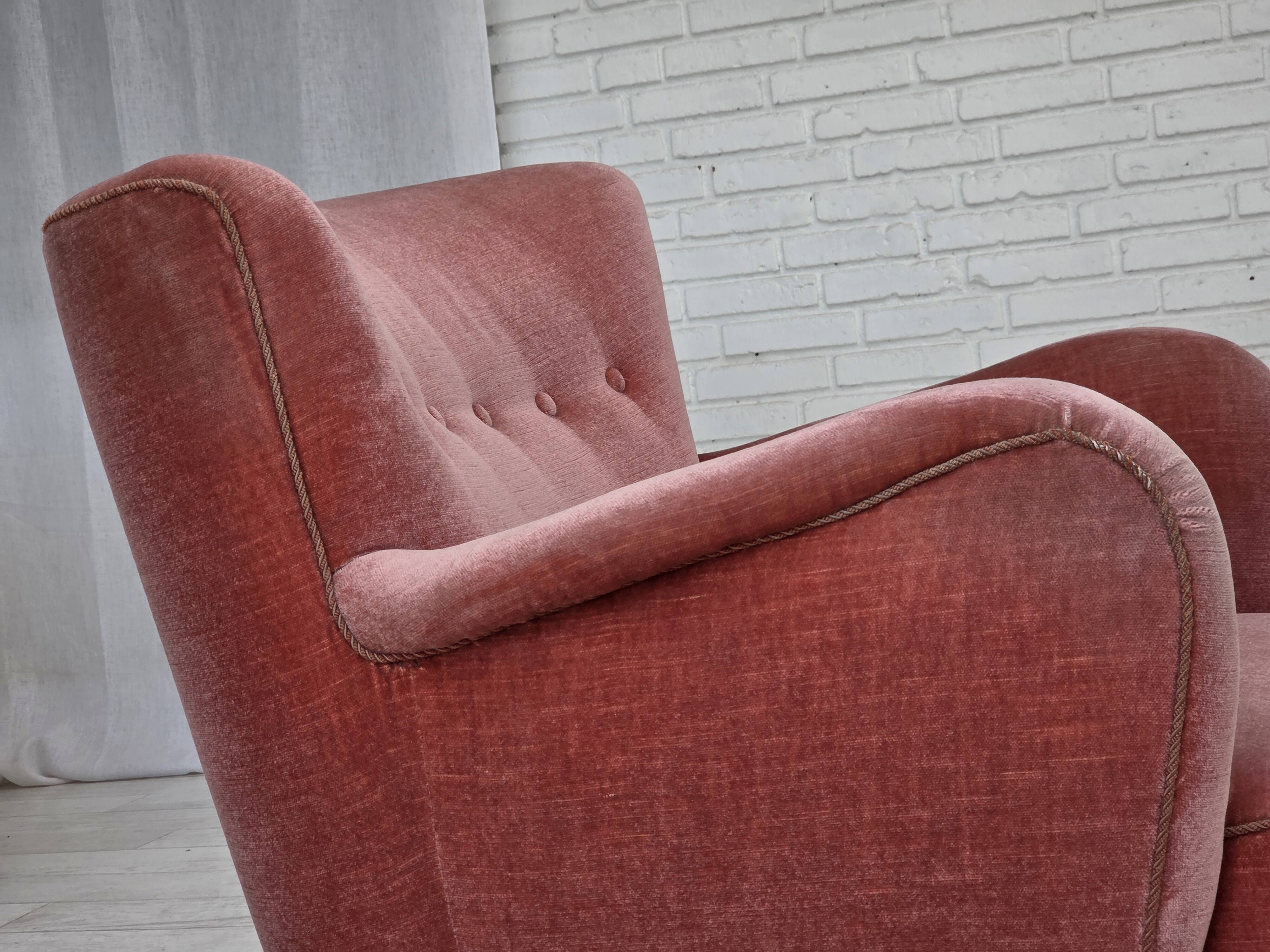 1970s, Danish armchair, salmon pink furniture velour, oak wood legs.