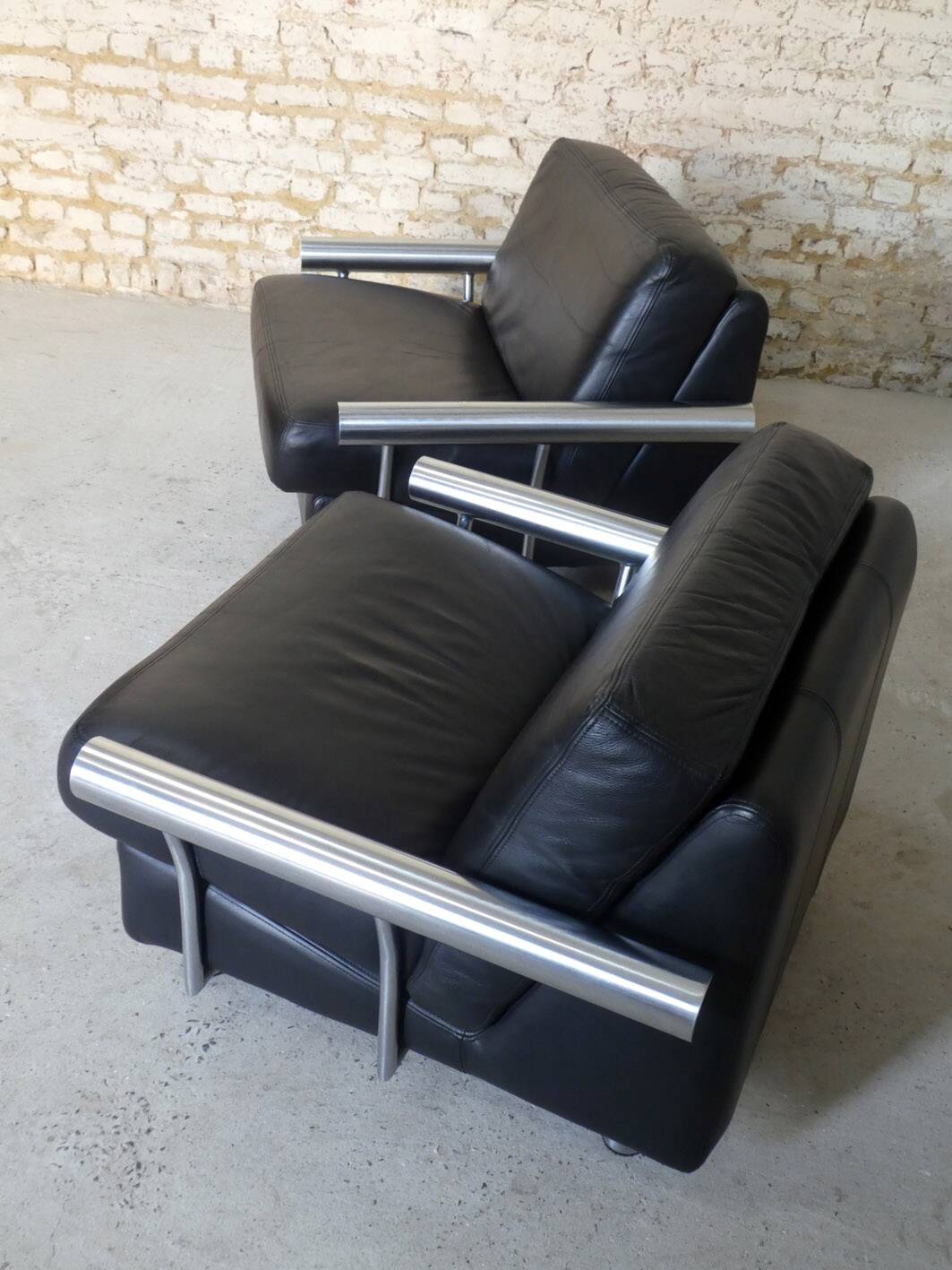 pair of armchairs, black leather & stainless steel, 1990