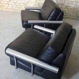 paire de fauteuils, cuir noir & inox, 1990