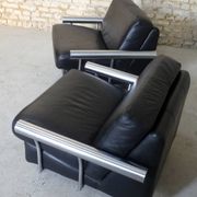 pair of armchairs, black leather & stainless steel, 1990