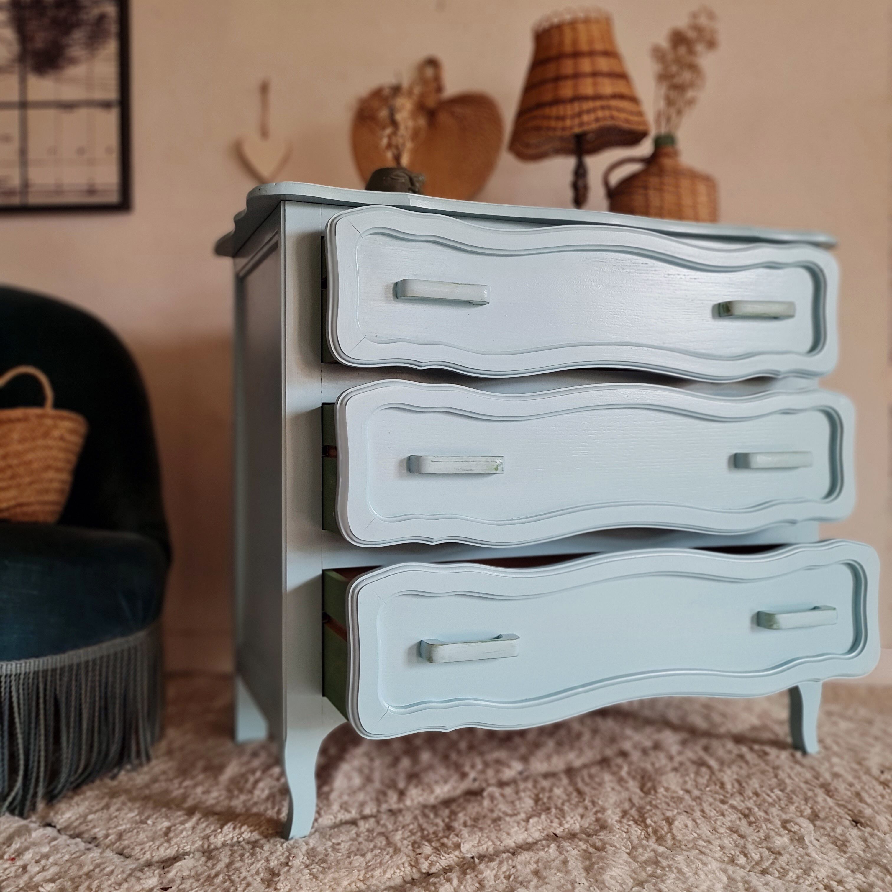 Antique chest of drawers in light blue wood