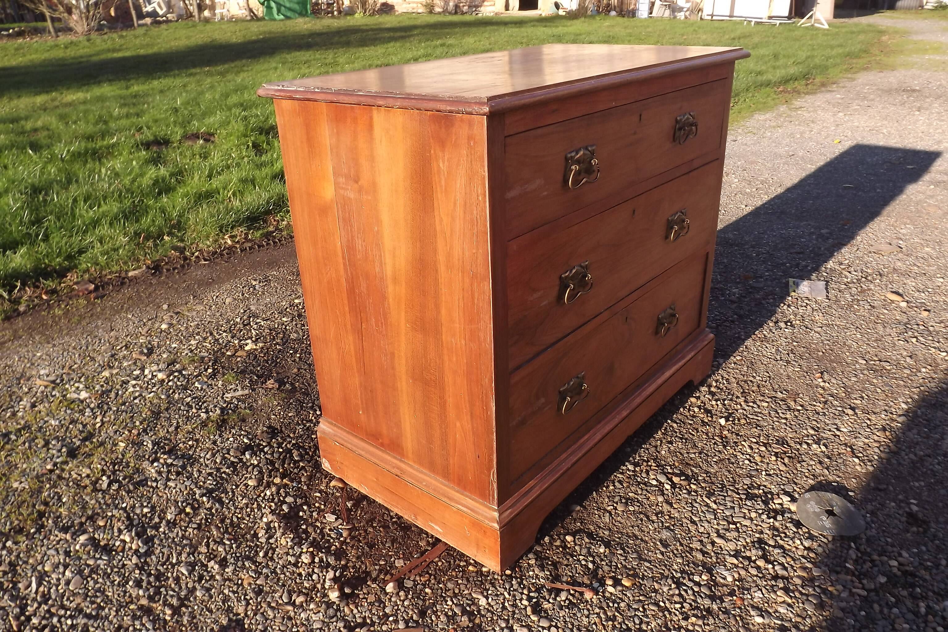 3 drawer chest of drawers walnut and brass