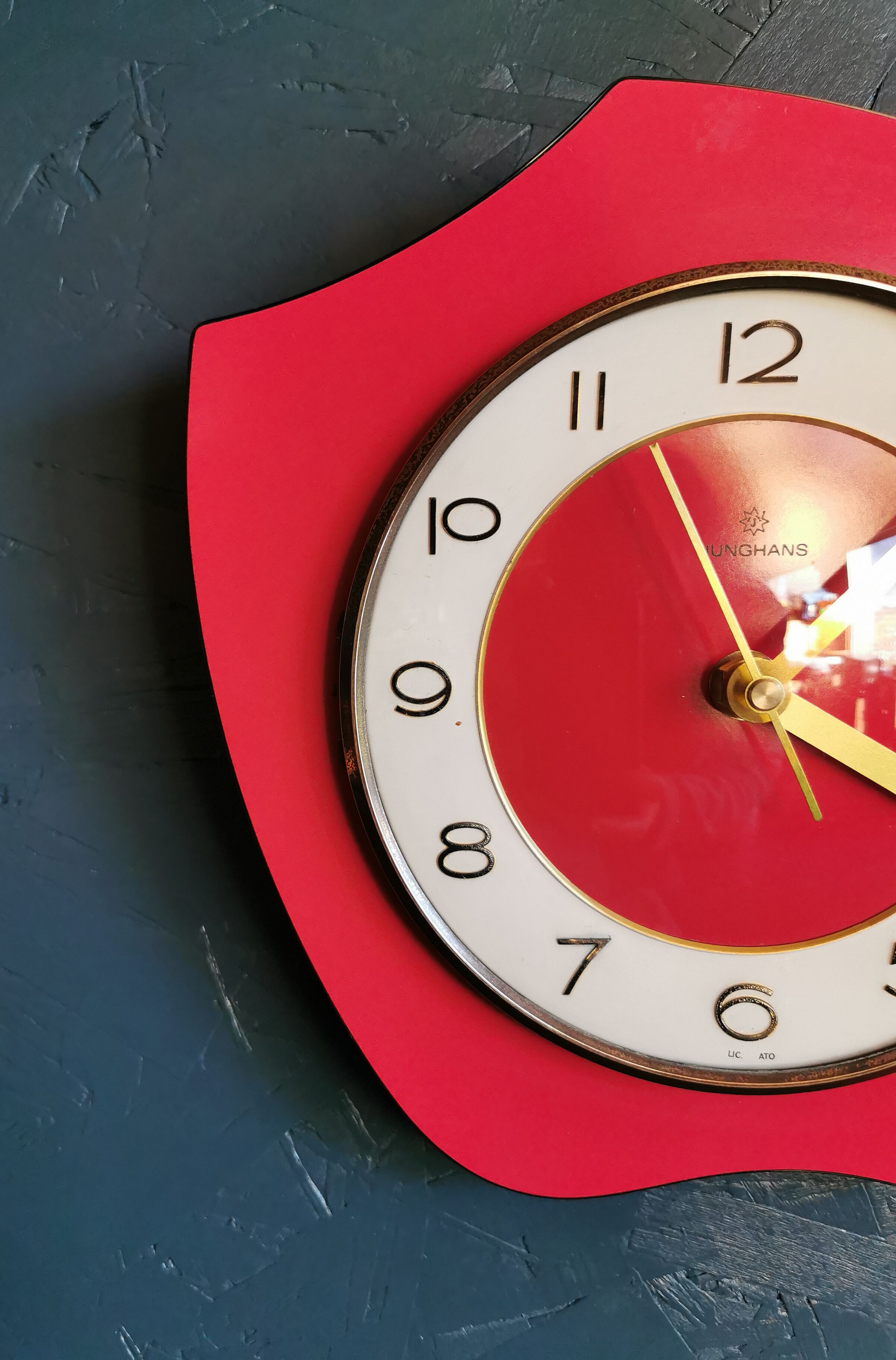 Vintage formica clock asymmetrical silent wall clock "Red Junghans"