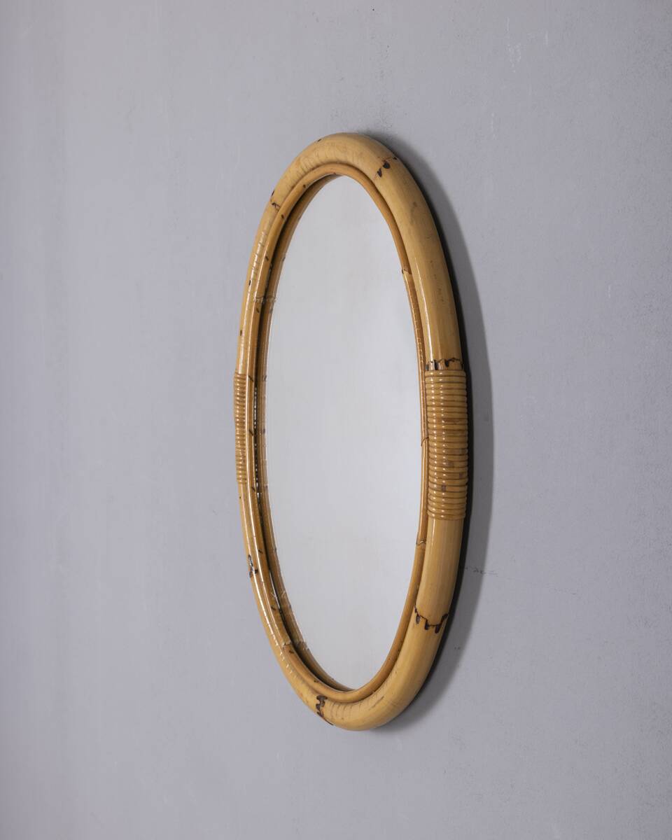 Vintage 1960s Italian design oval bamboo wall mirror