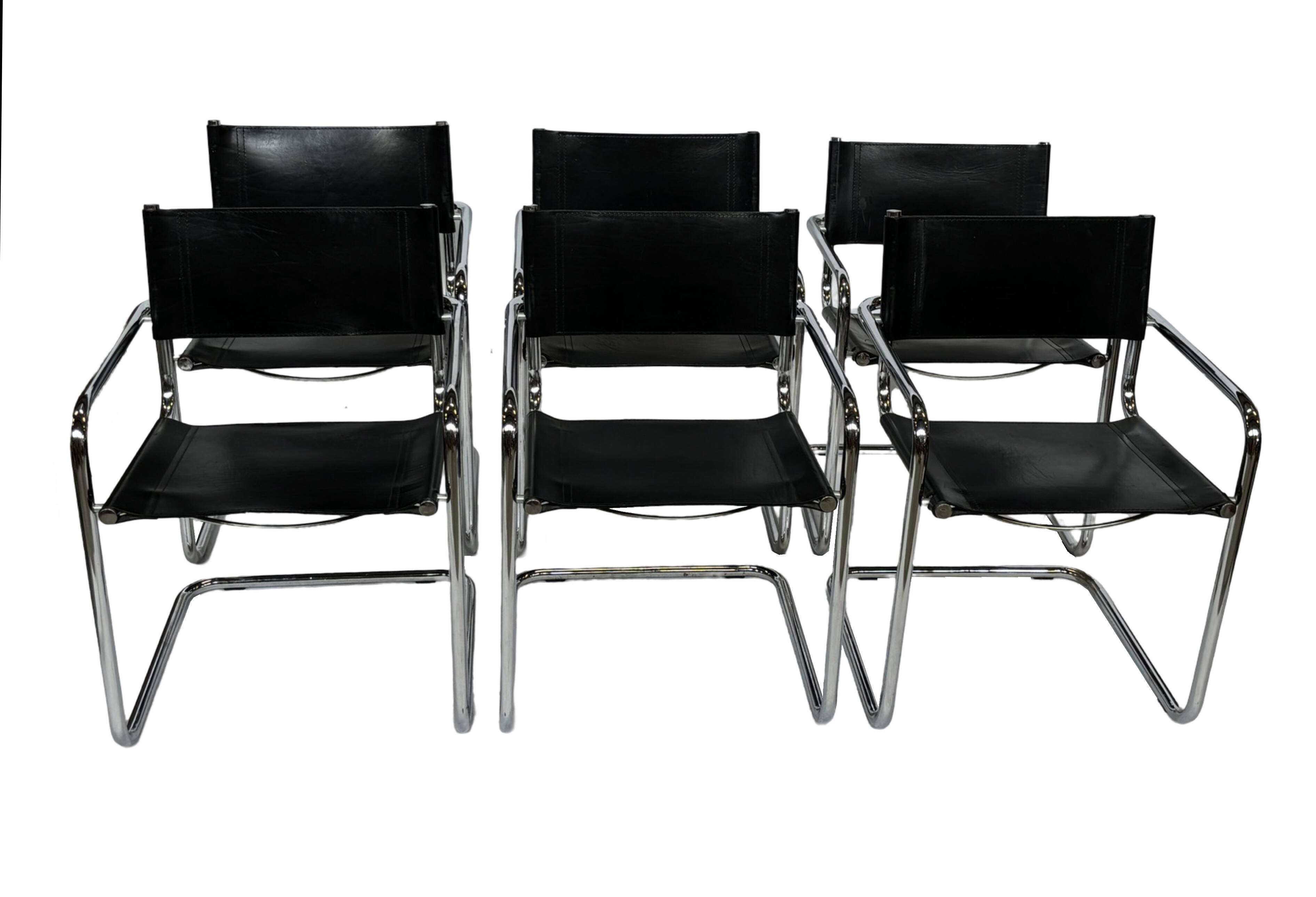 Ensemble vintage de 6 chaises à structure tubulaire Mart Stam design cuir
