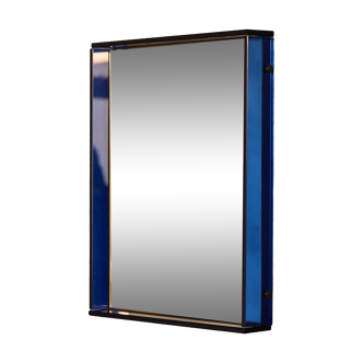 Blue Coloured and Mirrored Glass Wall Mirror, Italy, 1960s