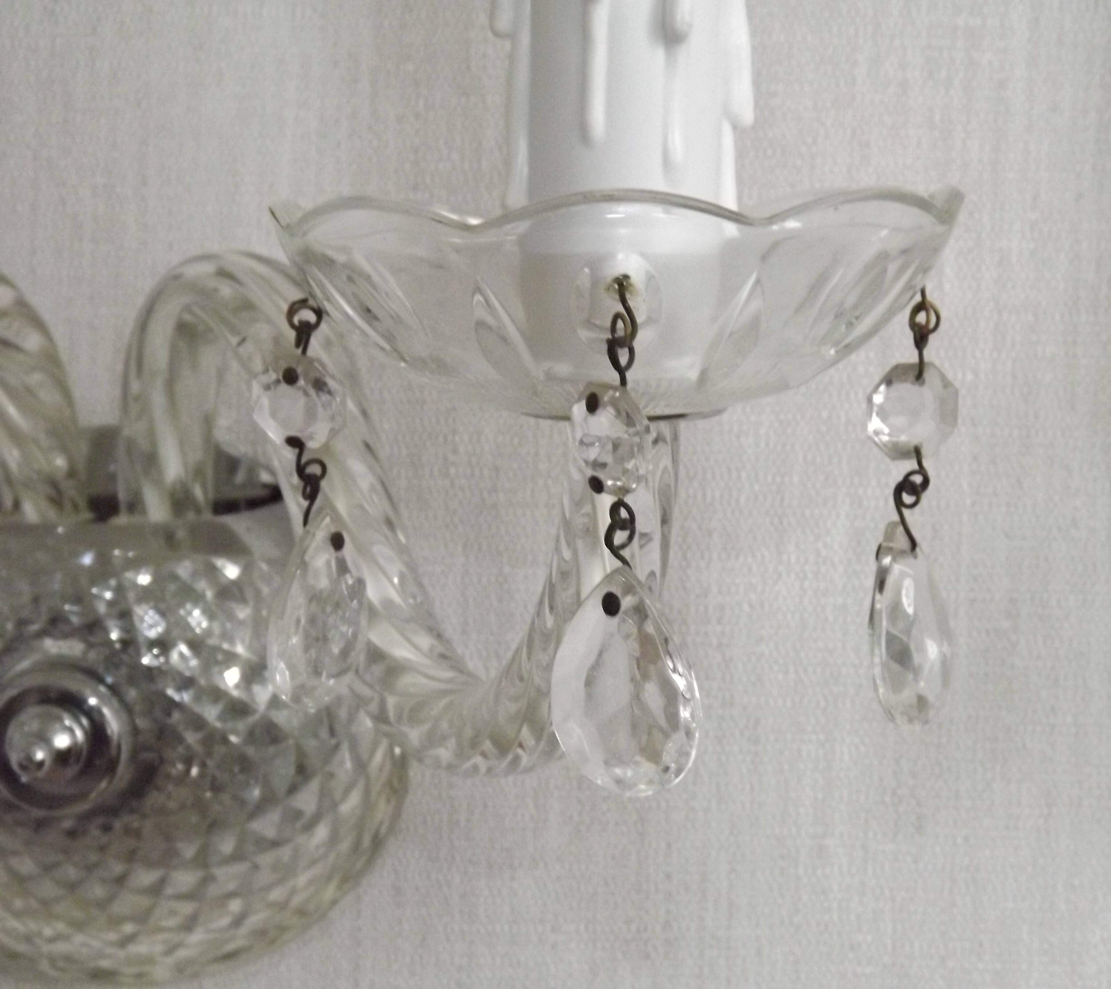 Pair of French vintage double crystal wall lights with barley twist glass arms.