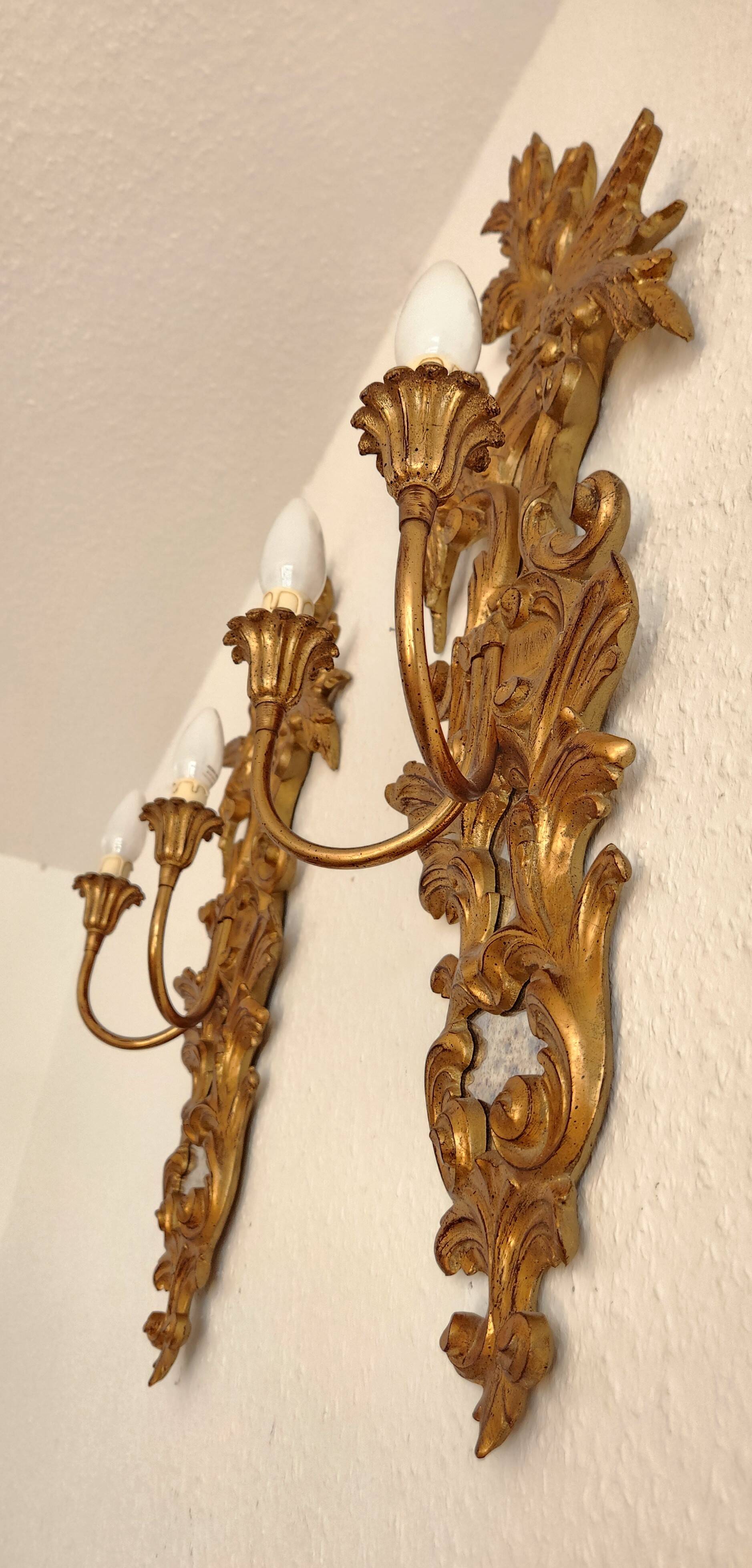 Louis XVI wall lamps Rocaille gilded carved wood antique mirror glass