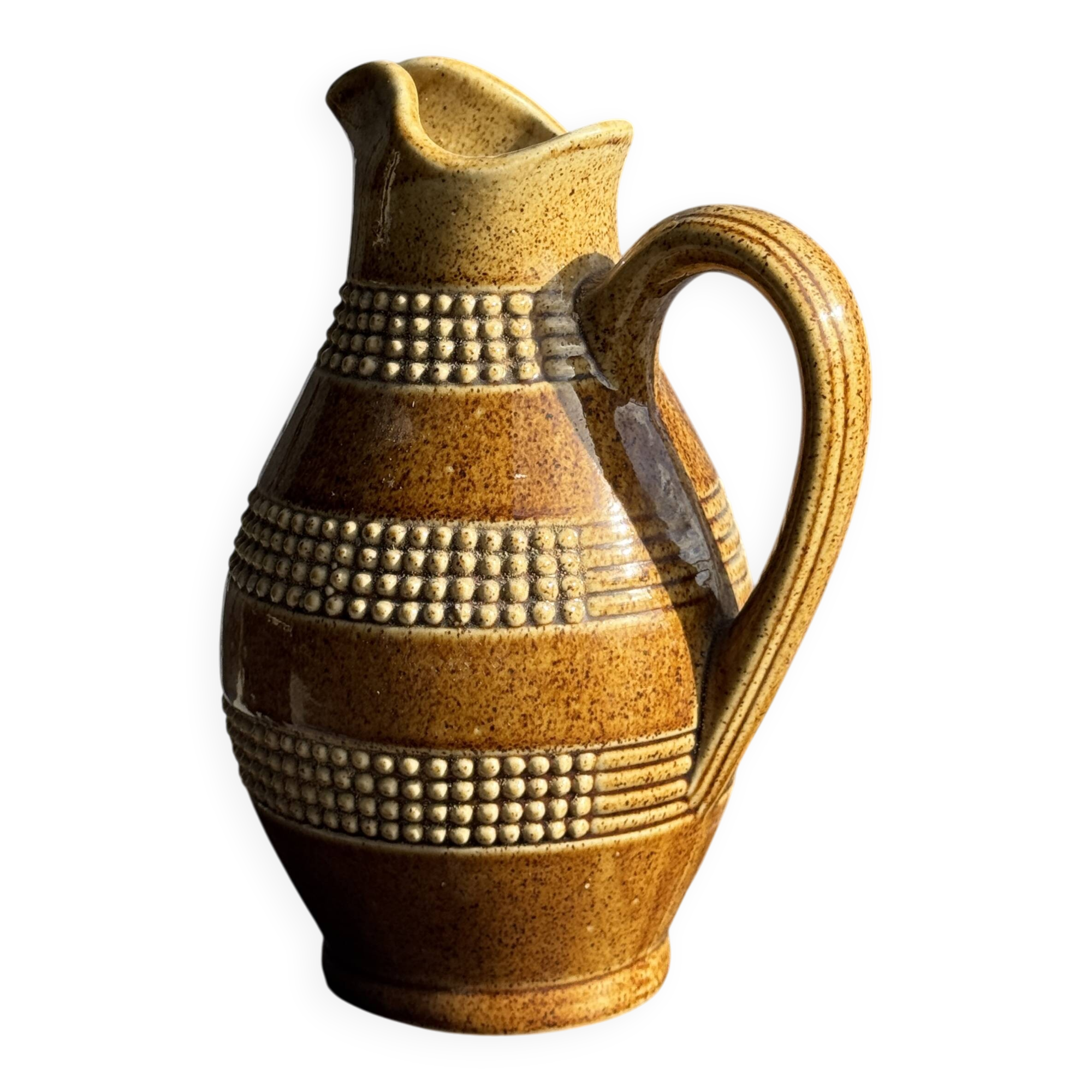 Vintage yellow stoneware carafe with beaded friezes Made in France H22