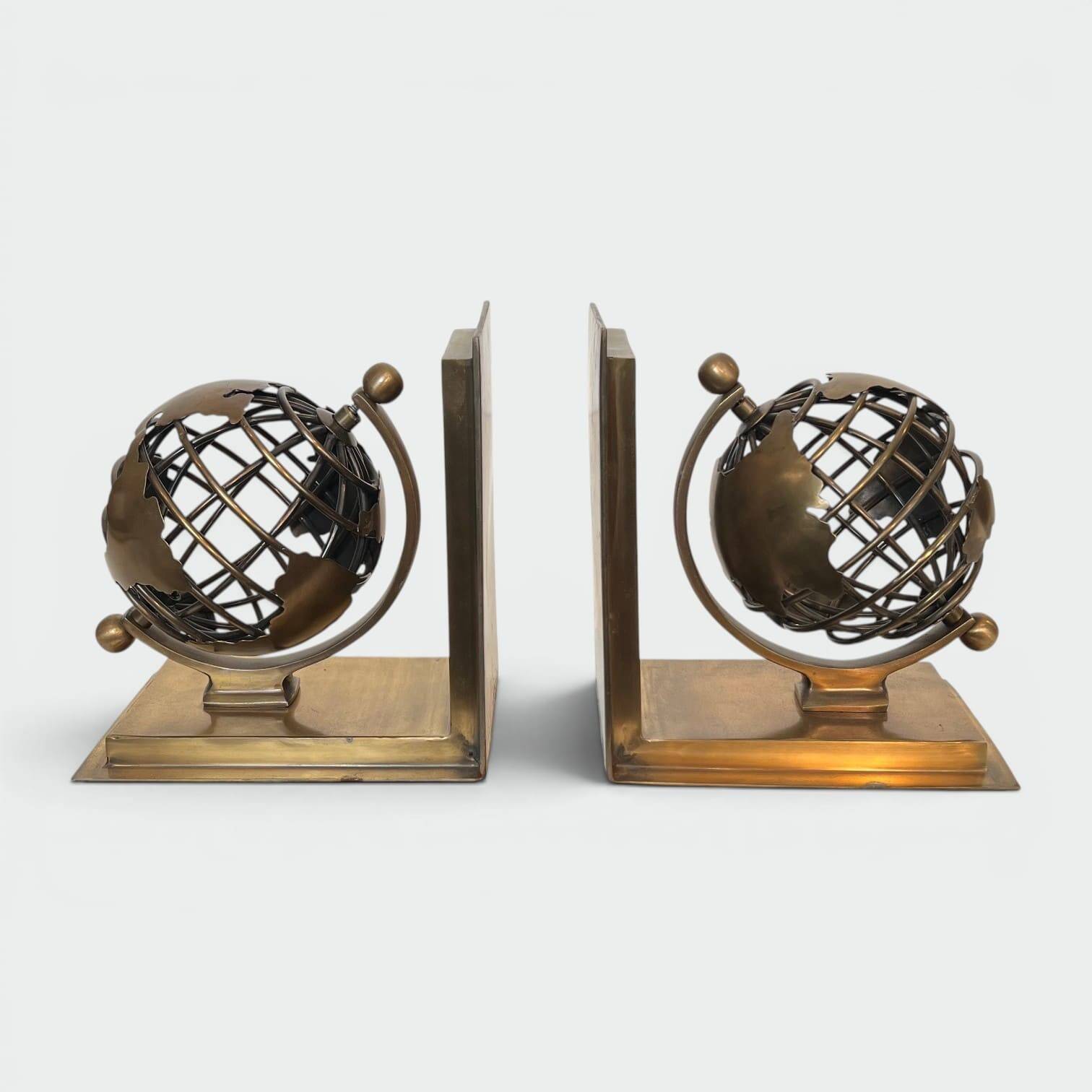 Pair of Brass Bookends with Openwork Globe Decorations. Work