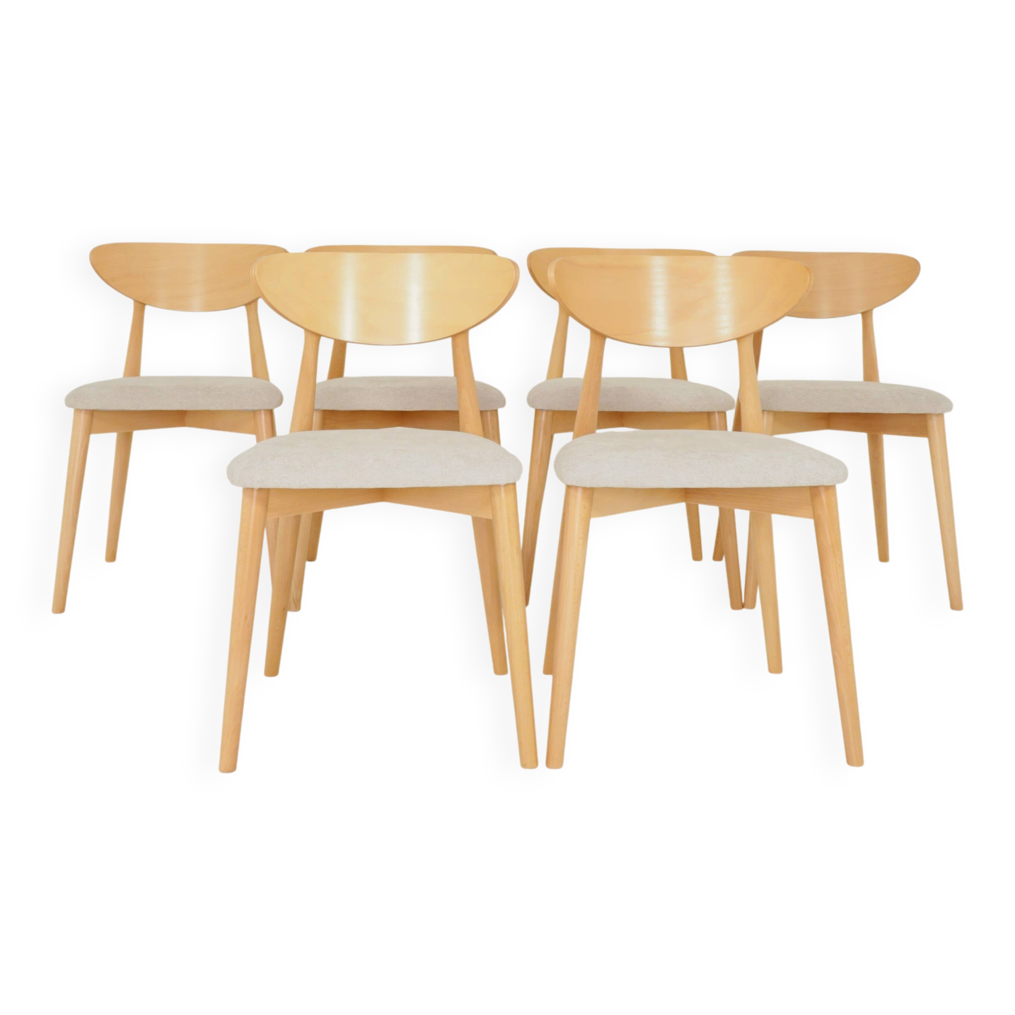 Ensemble moderne de 6 chaises de salle à manger, tissu écru et bois de hêtre naturel