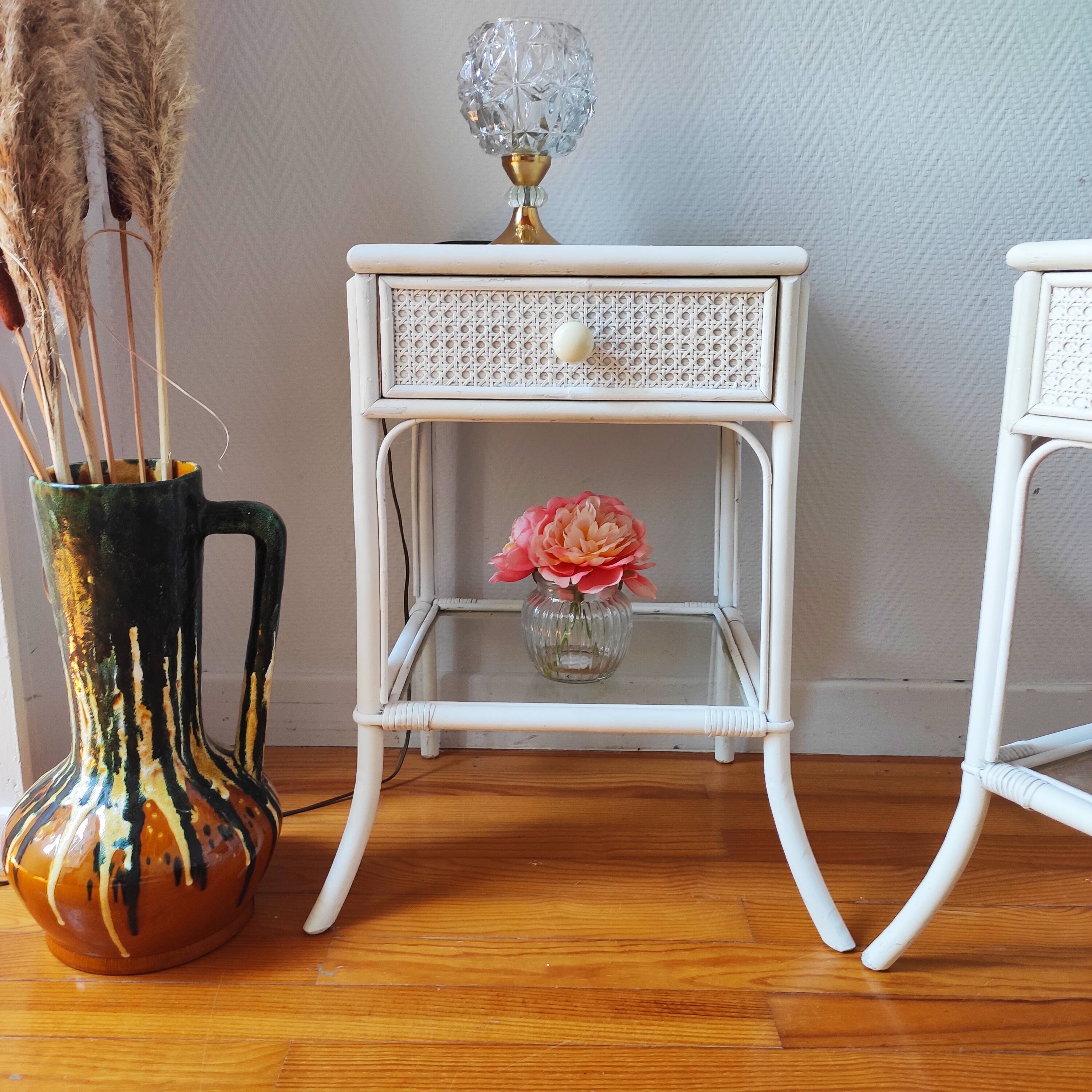 Pair of vintage 1970s rattan bedside tables
