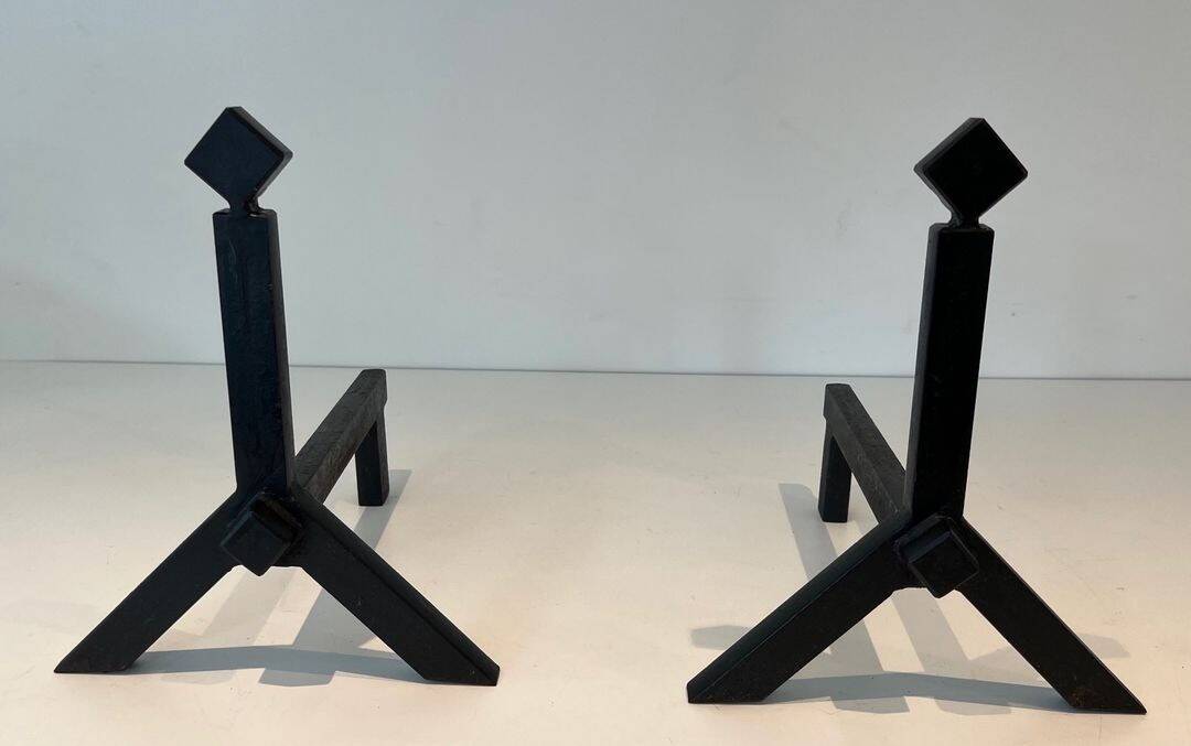 Pair of Modernist Black Iron Andirons with Diamond Finials and Angled Bases