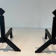 Pair of Modernist Black Iron Andirons with Diamond Finials and Angled Bases