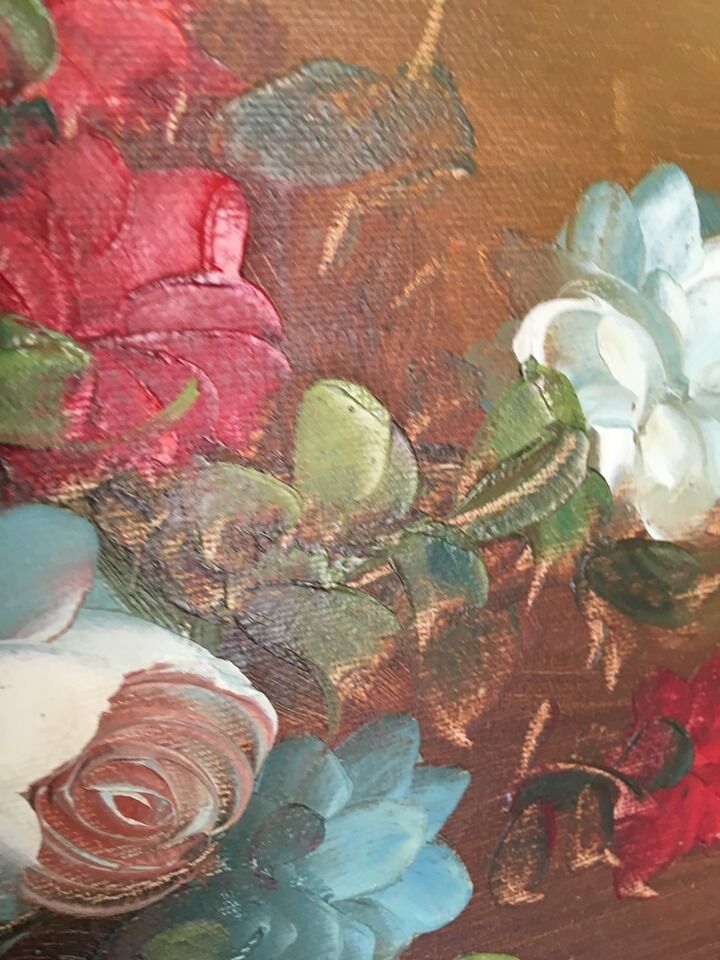 Painting still life bouquet of flowers in a vase.