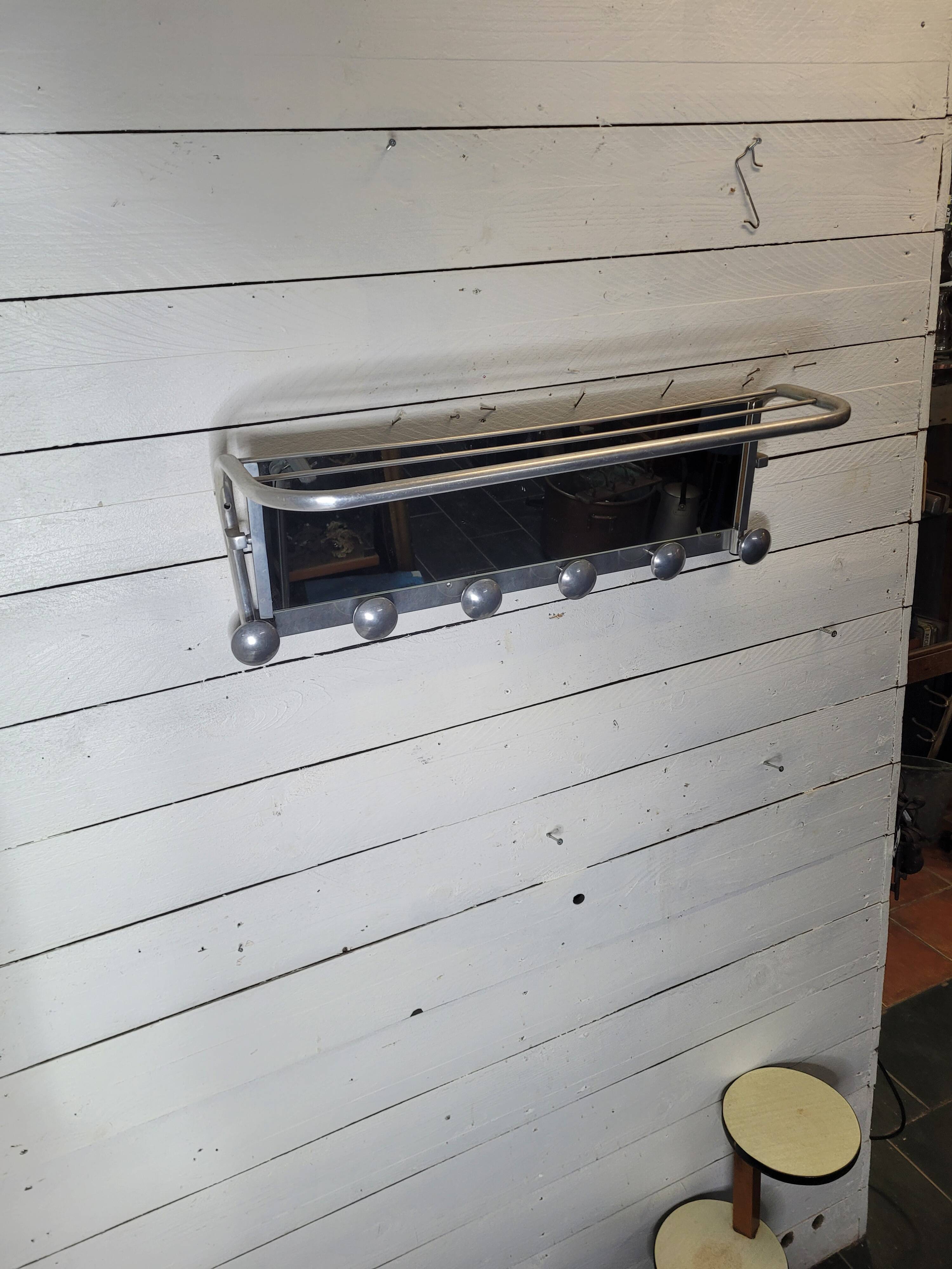 Aluminum wall coat rack with pivoting mirror from the 60s