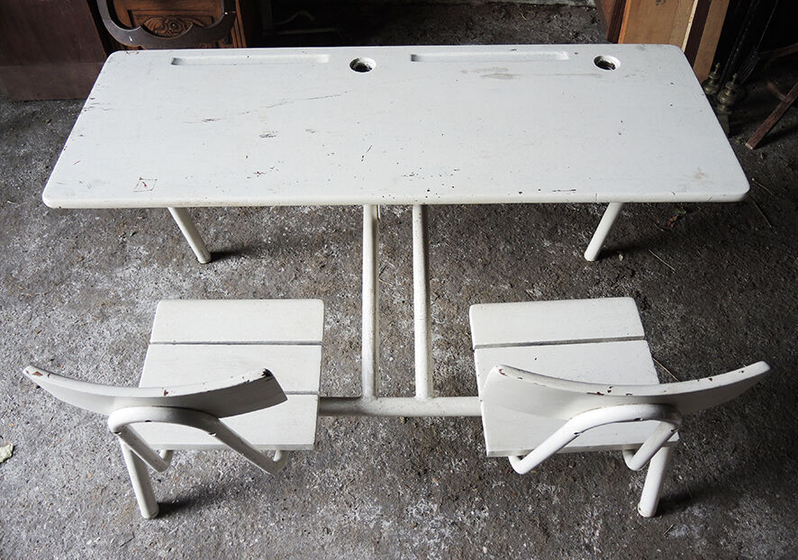 Former double school desk in white painted wood