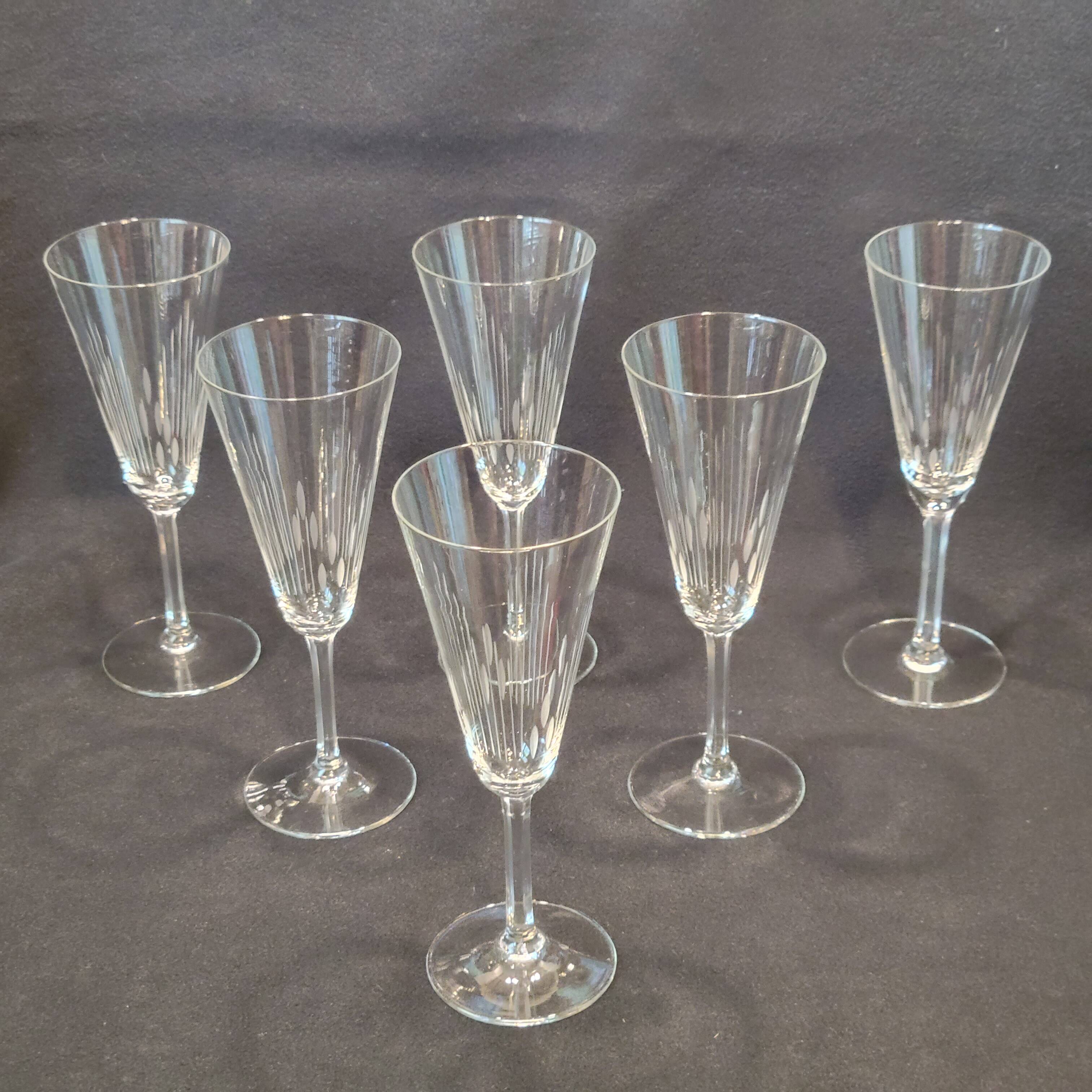6 old cut crystal champagne flutes