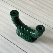 Twisted candle holder with 2 lights from the 40s, in green ceramic