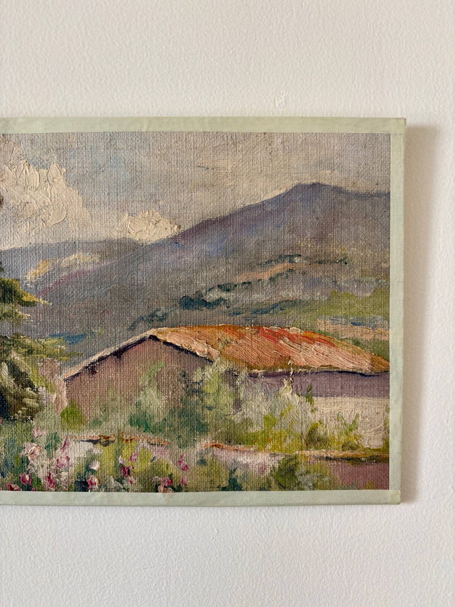 Oil painting on canvas "Mountain, fir tree and house" no. 51