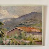 Oil painting on canvas "Mountain, fir tree and house" no. 51