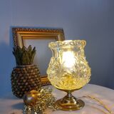 Brass foot table lamp, transparent textured molded globe, art deco style