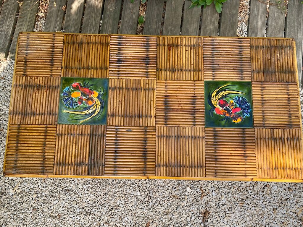 Table basse en bambou et céramique Vallauris  1960