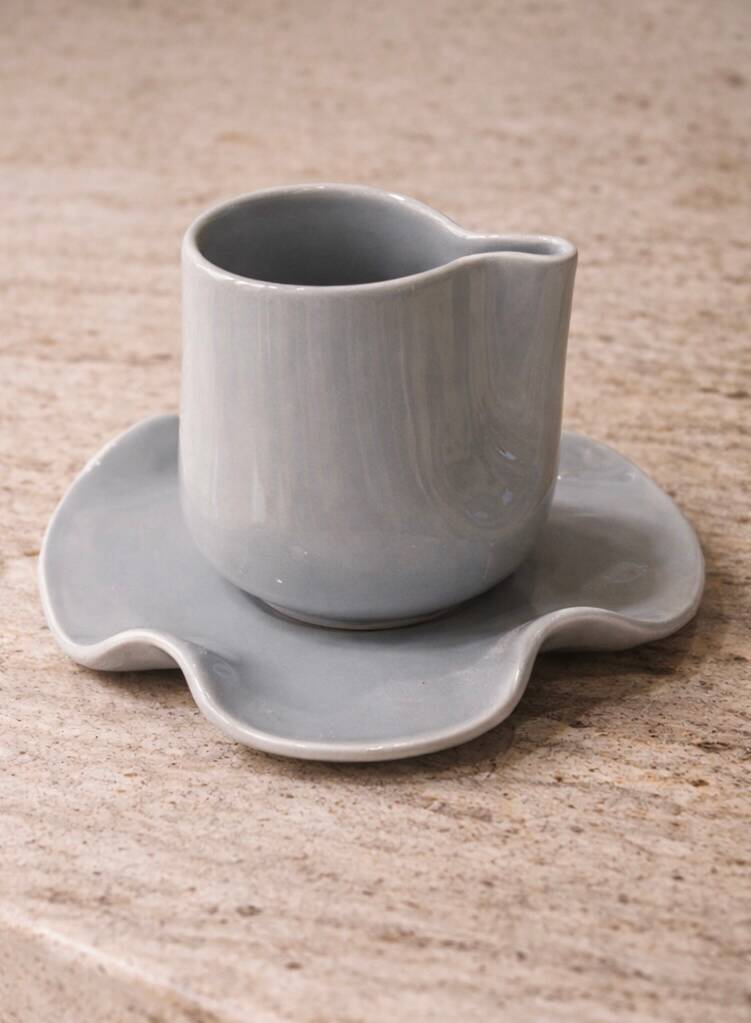 Set tasse & soucoupe ondulée céramique - bleu gris