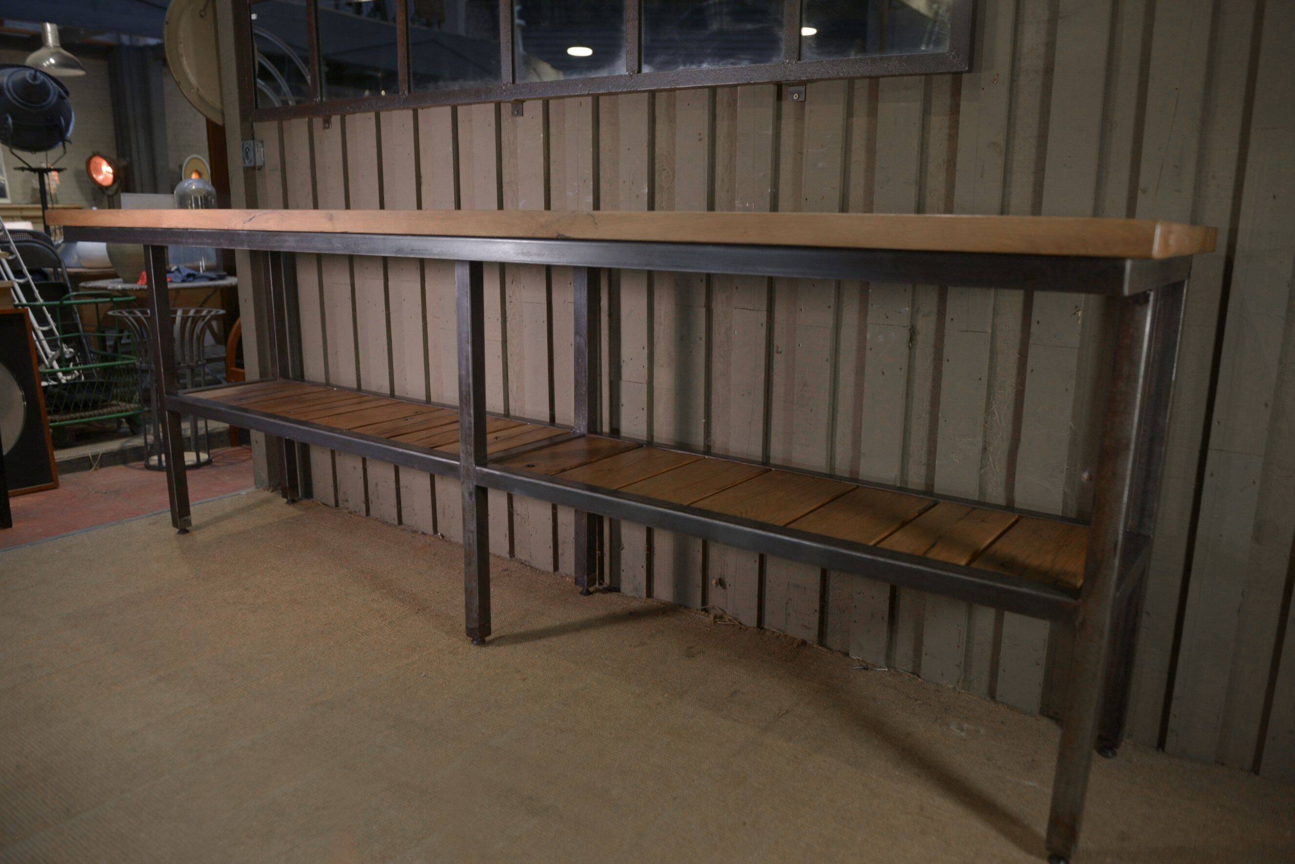 Large industrial metal console, 2 solid oak shelves