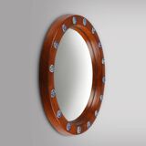 French round wooden mirror with elegant blue and white glass decoration, 19