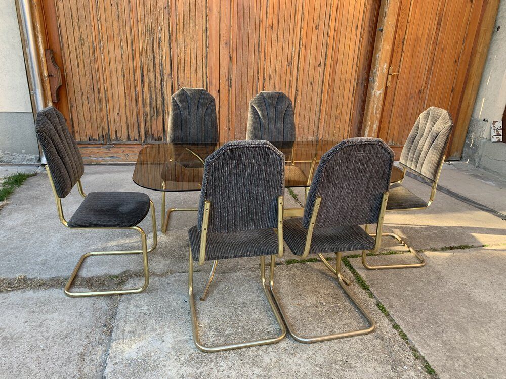 Chaises et table de salle à manger italiennes vintage en laiton, années 1970, lot de 7