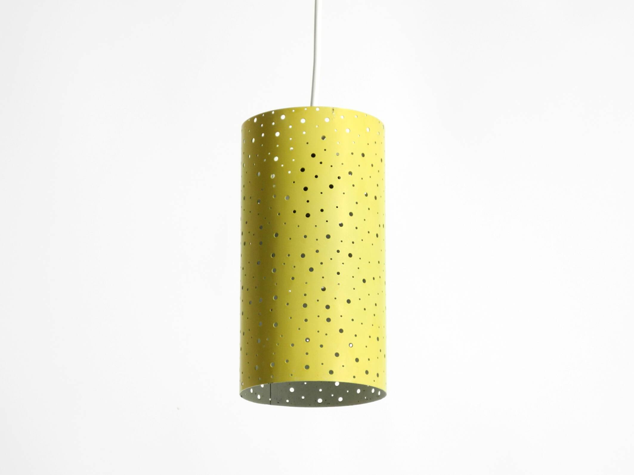 1950s pendant lamp in perforated metal, mustard yellow, by Ernest Igl