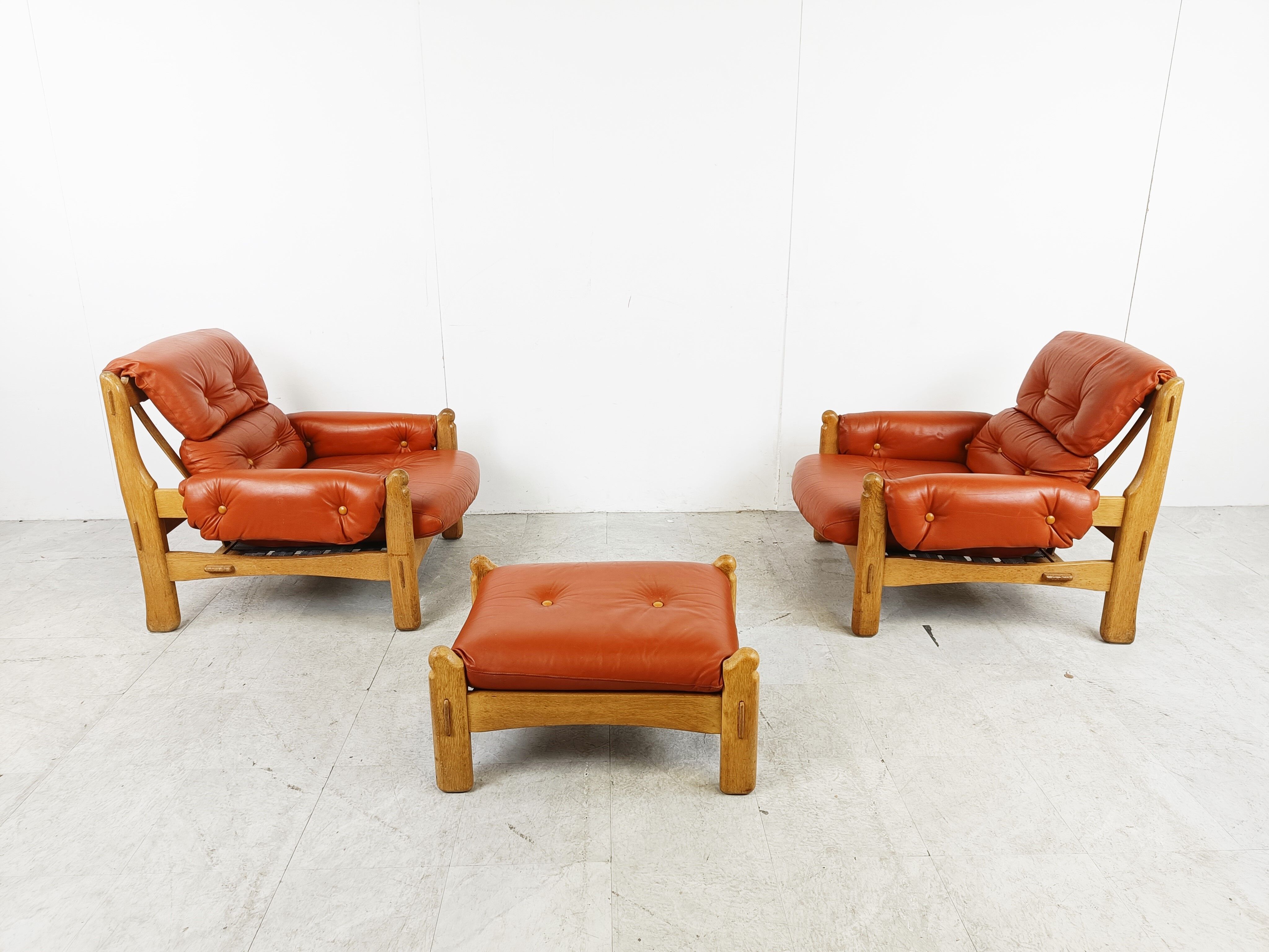Pair of brutalist leather armchairs, 1960s