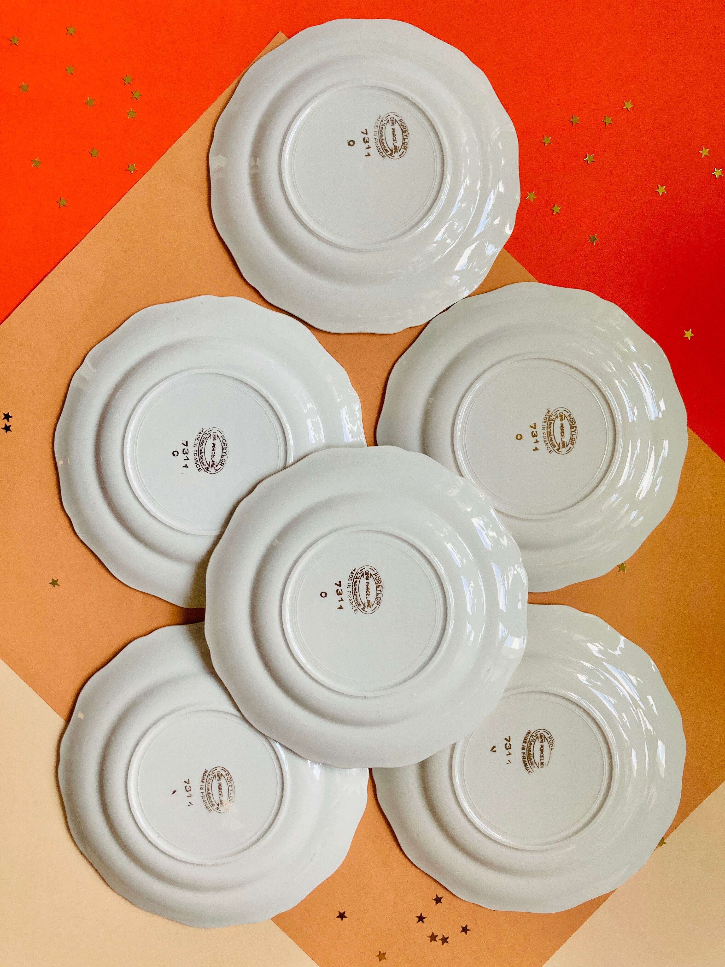 Lot of 6 white and golden vintage plates Poreylor l'Amandinoise France