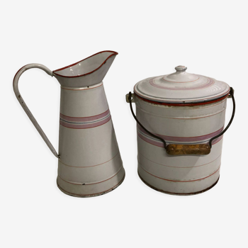 Enamelled pitcher and bucket