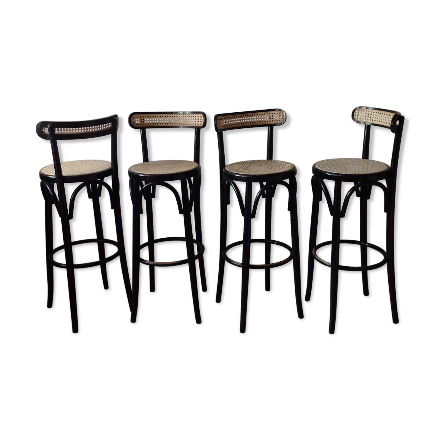 4 black bar stools curved wood and cannage