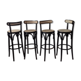 4 tabourets de bar noirs bois courbé et cannage