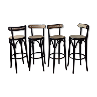 4 tabourets de bar noirs bois courbé et cannage
