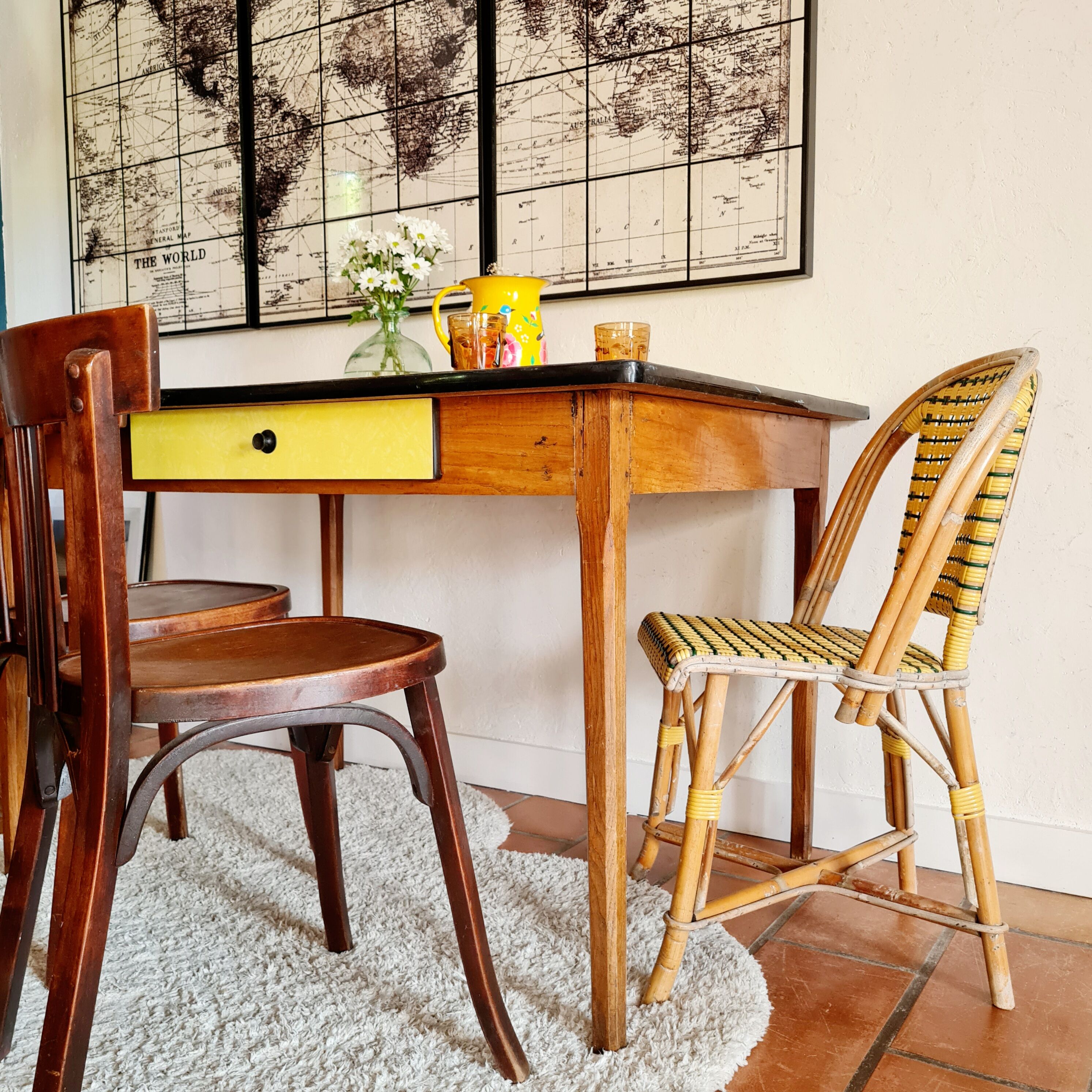 Old wooden farmhouse table and yellow formica top