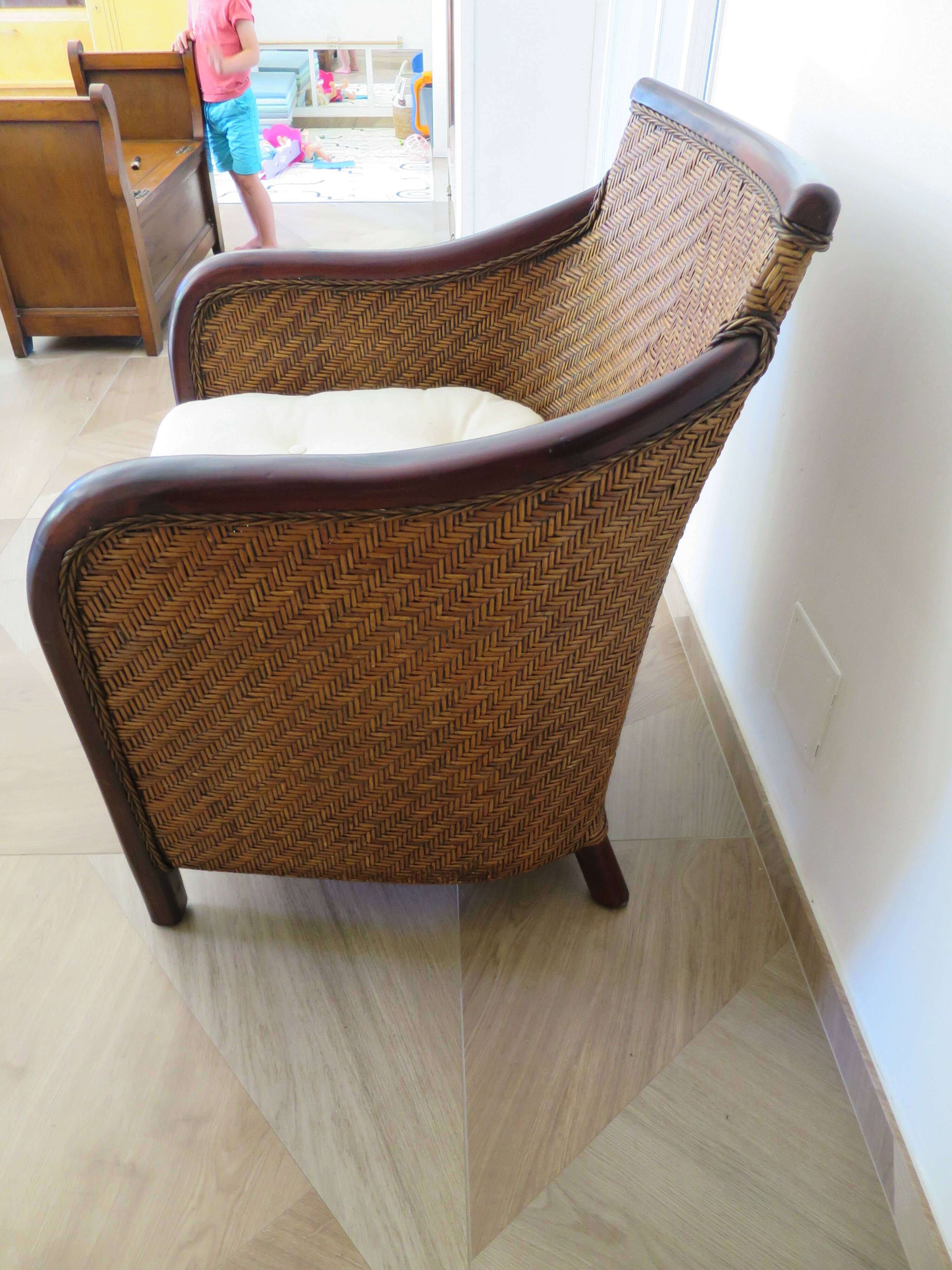 Colonial style armchair - woven rattan and exotic wood - vintage