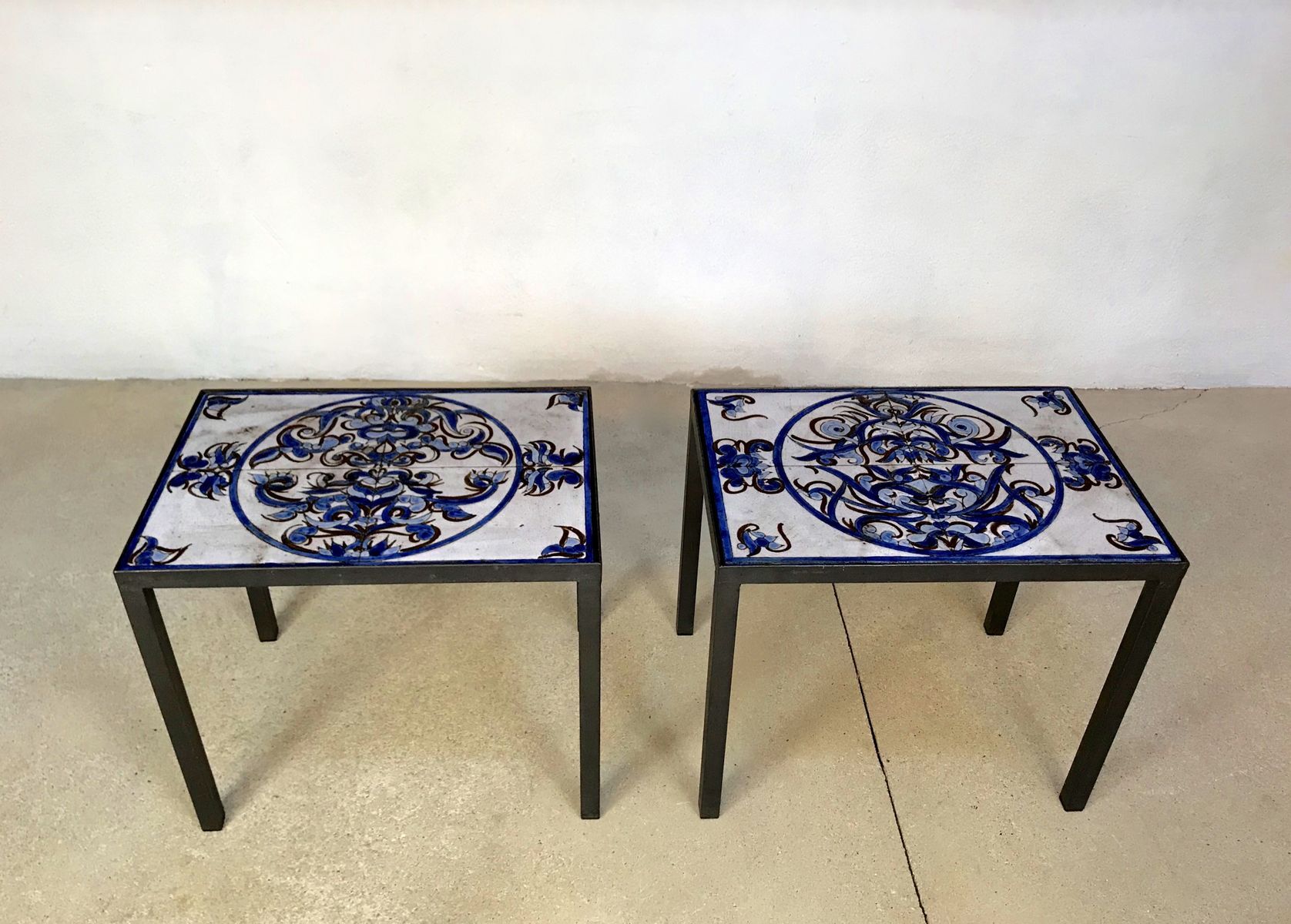 Italian ceramic tiles & steel side tables or nightstands, 1970s, set of 2