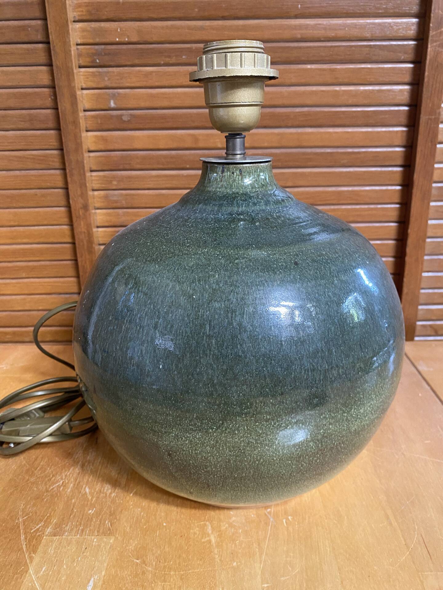 Pied de Lampe Ancien Boule Grès Émaillé Vert Nuancé Années 70 Vintage