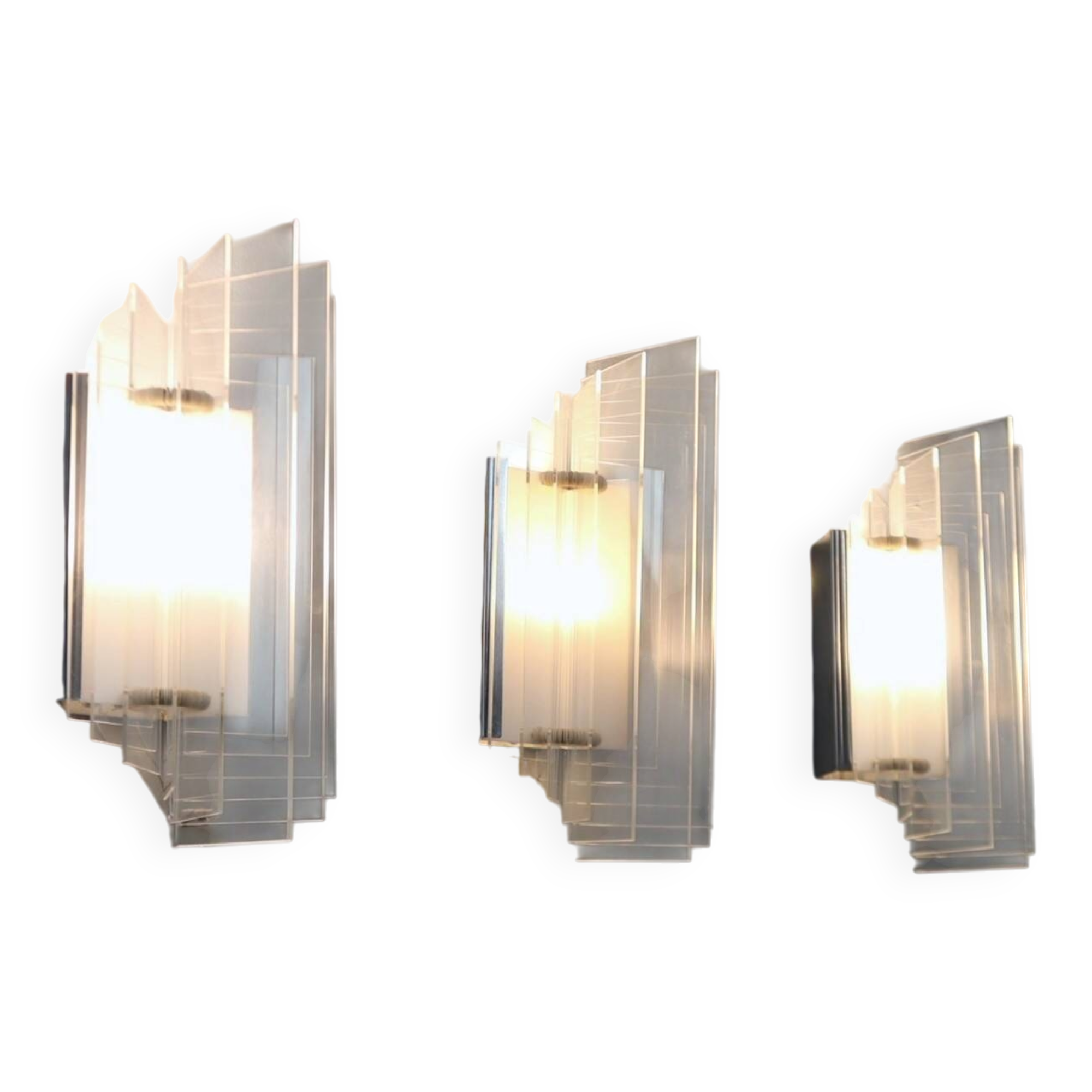Set of 3 Italian chrome and acrylic blades wall sconces 1970s
