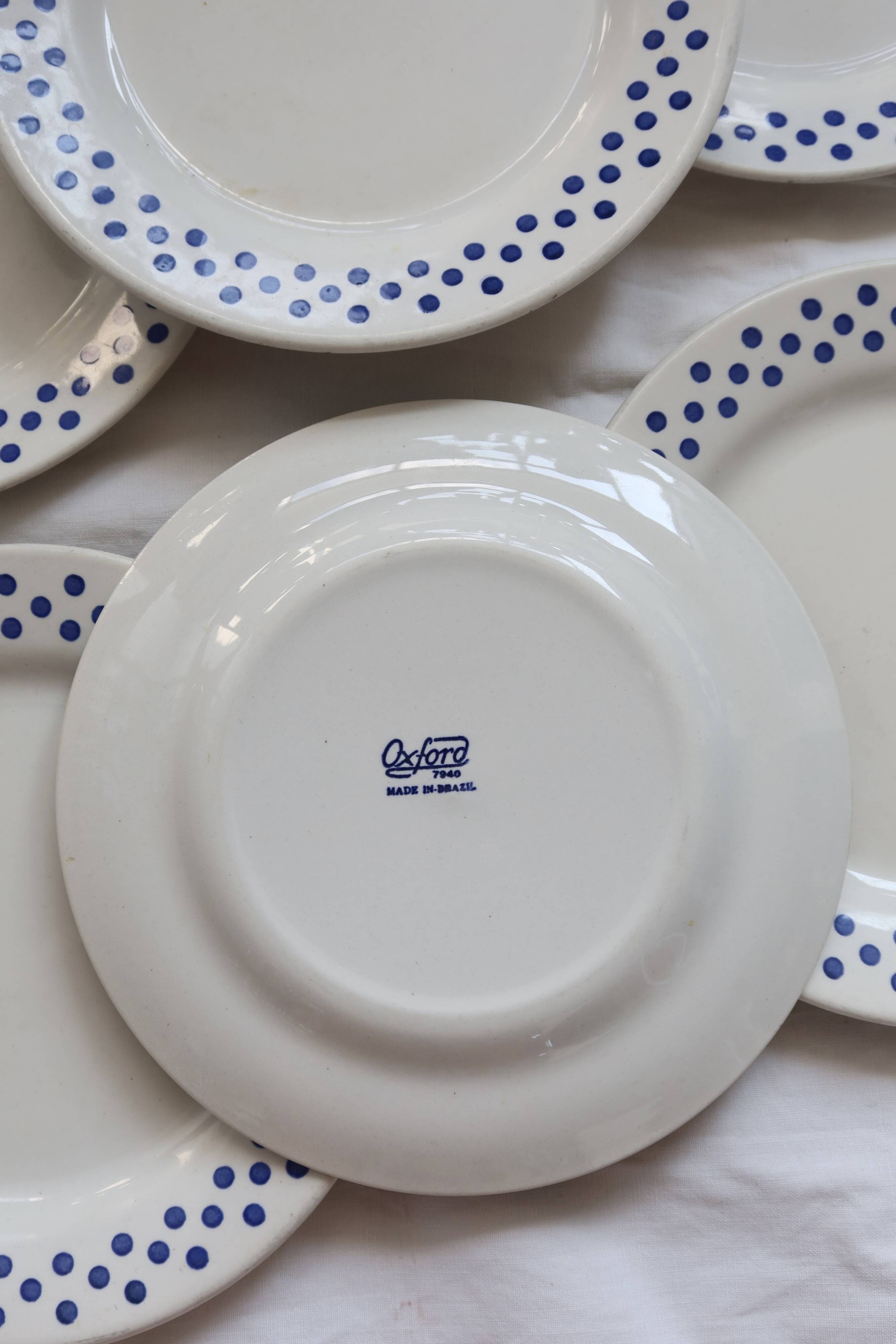 6 Vintage Oxford Earthenware Dessert Plates - Blue Polka Dot Pattern