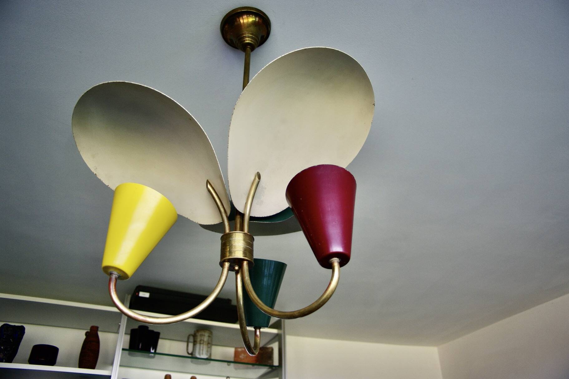 Vintage tri-color chandelier in lacquered steel and brass