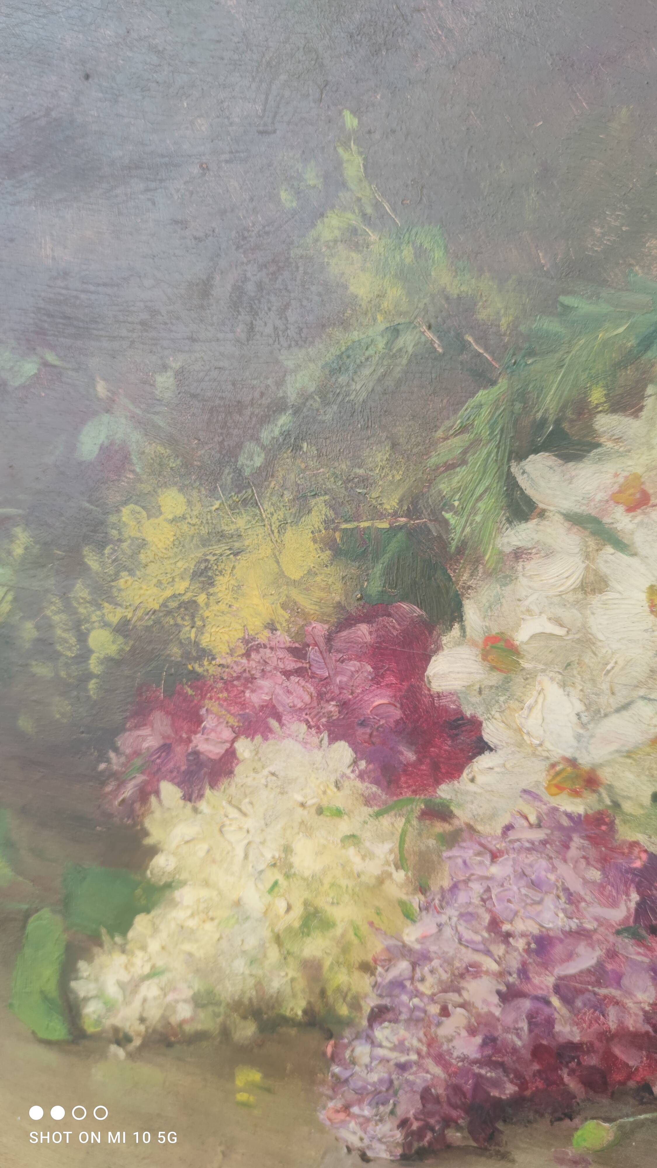 Elliptical table still life bouquet of flowers oil on wood by Lillie Honnorat