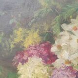 Elliptical painting still life bouquet of flowers oil on wood by Lillie Honnorat