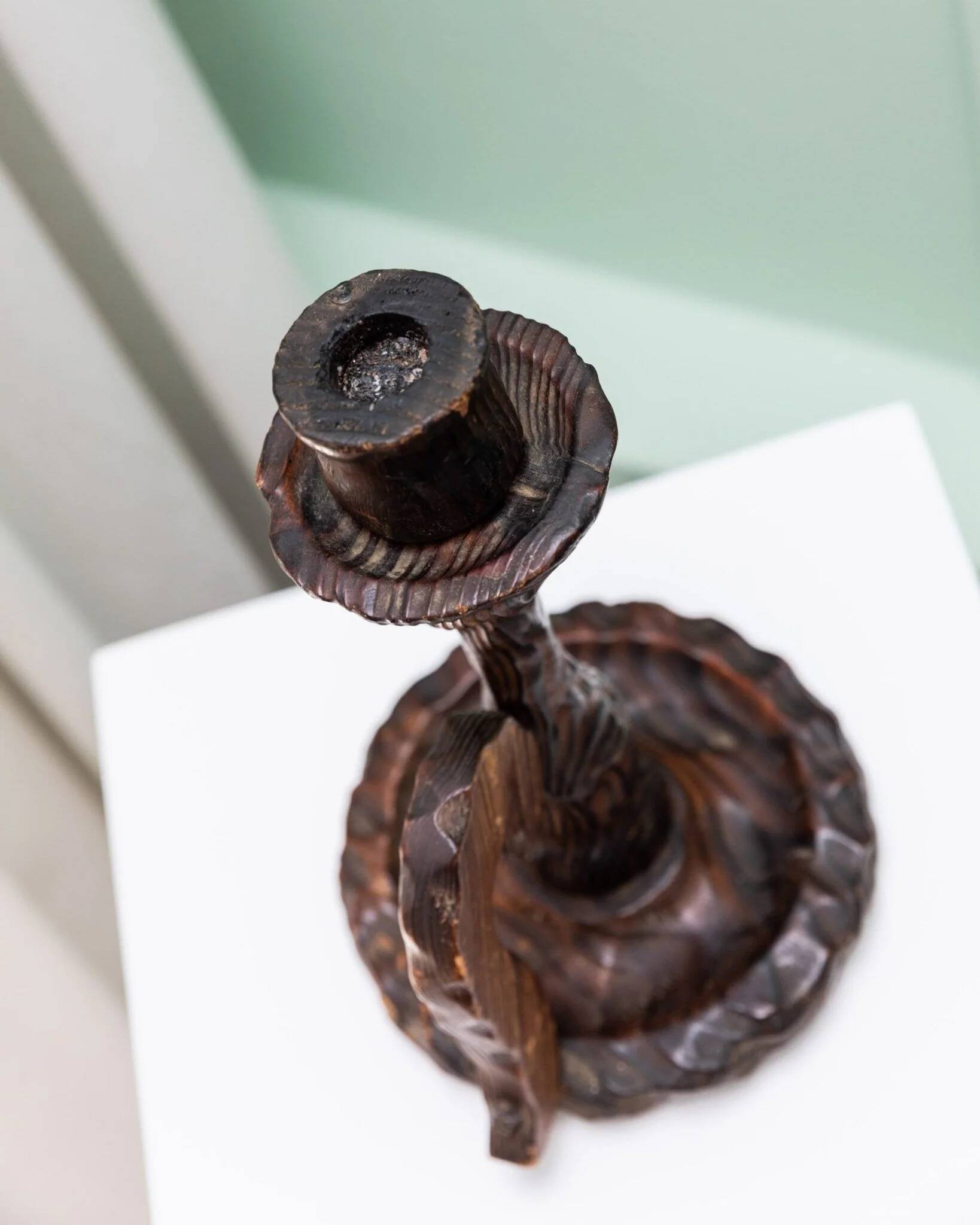 Brutalist carved wood candle holder, dark brown with lighter highlights, made in Italy, 1940s