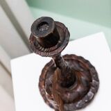 Brutalist carved wood candle holder, dark brown with lighter highlights, made in Italy, 1940s